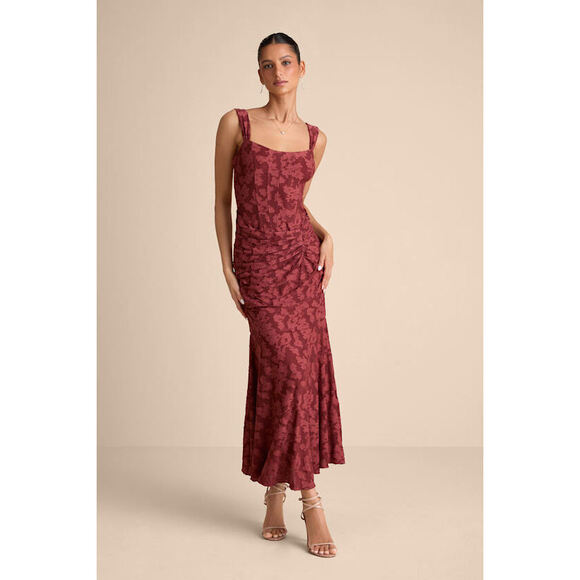 Lulus Dresses & Skirts - Lulus Celeste Rust Red Floral Burnout Bustier Maxi Dress - Size M